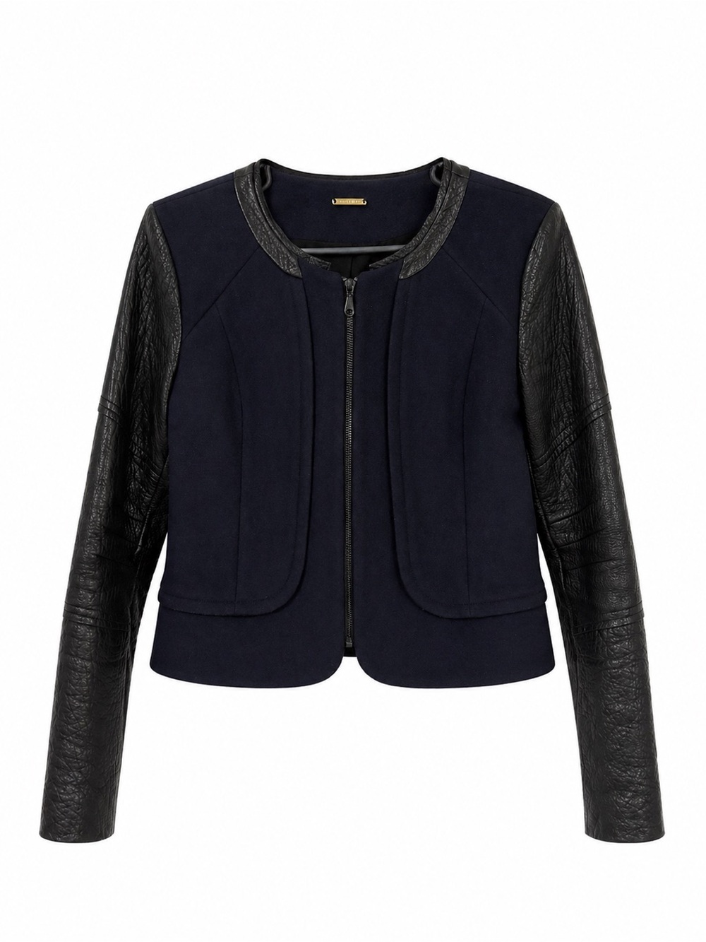 Rebecca Minkoff 
Navy Wool Jacket W/ Leather Sleeves